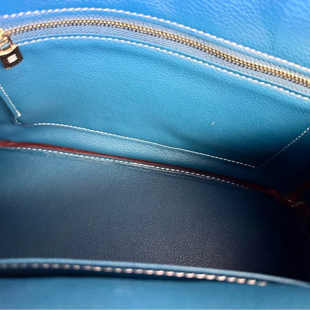 Blue Leather Top-Handle Satchel with Gold Hardware